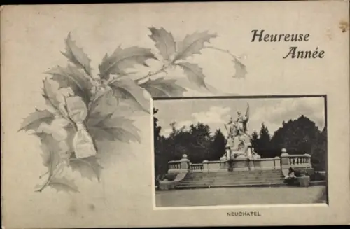 Ak Neuchâtel Neuenburg Stadt, Heureuse Année,  Statue, Weihnachtsmotiv