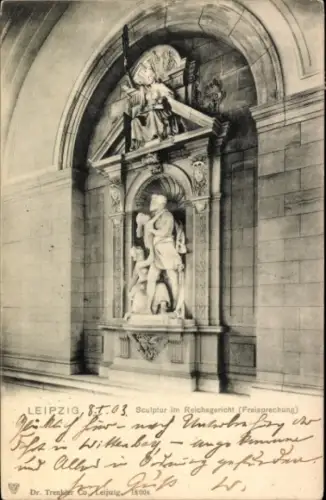 Ak Leipzig, Skulptur im Reichsgericht, Freisprechung,  8.03, Dr. Trener