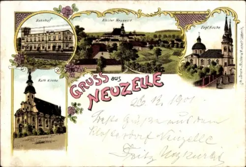 Litho Neuzelle in Brandenburg, Bahnhof, Kloster, Ev. Kirche, Kath. Kirche
