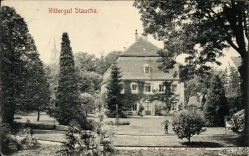 Ak Staucha Stauchitz Sachsen, Rittergut  Gartenanlage, Bäume, Gebäude
