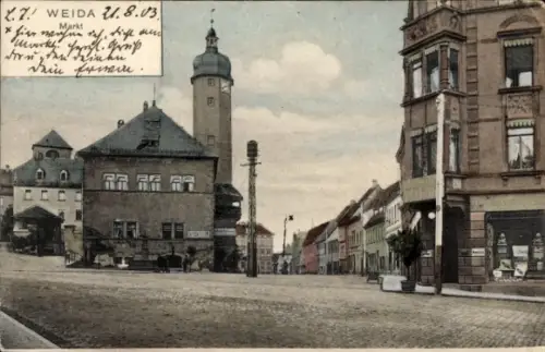 Ak Weida in Thüringen, Marktplatz, Gebäude, Turm, Straßenansicht, 