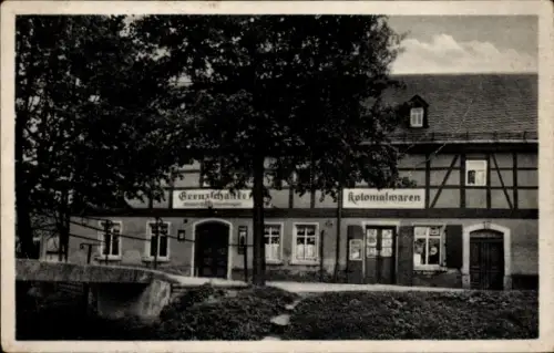 Ak Niedermülsen Mülsen in Sachsen, Grenzschänke  Kolonialwaren, Werbung, 1945