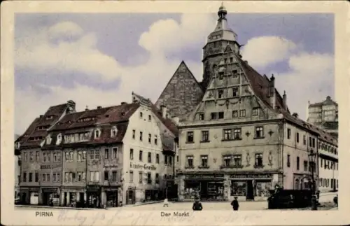 Ak Pirna an der Elbe, Marktplatz,  Gebäude, Geschäfte, Menschen, Fahrzeuge