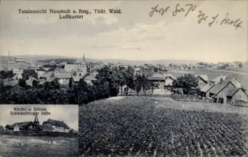 Ak Neustadt am Rennsteig Großbreitenbach in Thüringen, Panorama, Kirche, Schule