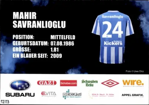 Autogrammkarte Fußballer Mahir Savranlioglu, Stuttgarter Kickers, Autogramm