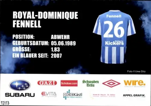 Autogrammkarte Fußballer Royal Dominique Fennell, Stuttgarter Kickers, Autogramm