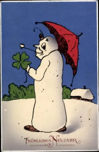 Ak Glückwunsch Neujahr, Schneemann, Glücksklee