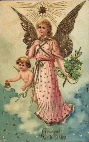 Präge Ak Glückwunsch Neujahr, Engel, Tannenbaum, Glocke