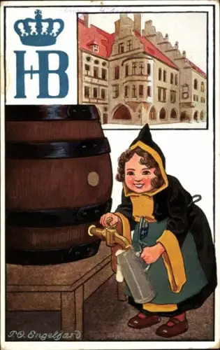 Künstler Ak Engelhard, P. O., Münchener Hofbräuhaus, HB Hofbräu Werbung, Kindl, Bierfass, Maßkrug