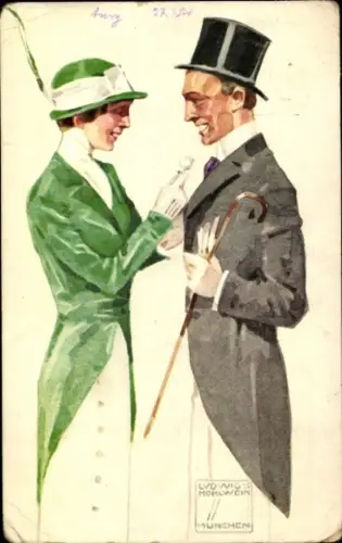 Künstler Ak Hohlwein, Ludwig, Mann im Frack mit Zylinder, Frau in grüner Jacke, Bayrischer Blumentag