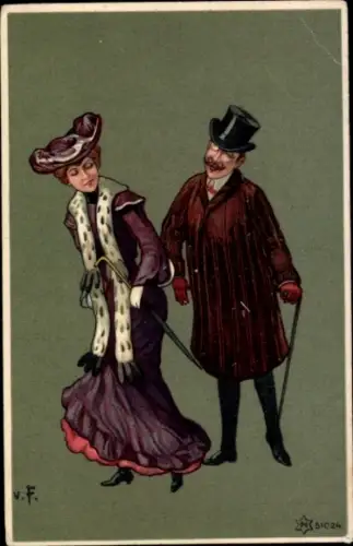 Künstler Ak Frau und Mann, Paar, Spaziergang