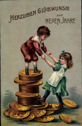 Präge Ak Glückwunsch Neujahr, Kinder, Goldene Münzen