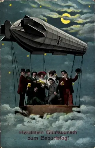 Ak Glückwunsch Geburtstag, Festgesellschaft im Zeppelin