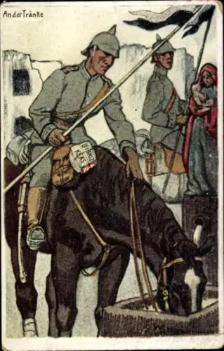 Künstler Ak Georgi, W., Reklame, Leibniz Keks, deutscher Soldat mit Pferd an der Tränke, I WK