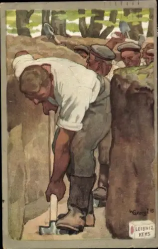 Künstler Ak Georgi, W., Deutsche Soldaten heben Schützengraben aus, Reklame Leibniz Keks