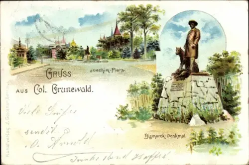 Litho Berlin Wilmersdorf Grunewald, Joachim Platz, Bismarck Denkmal