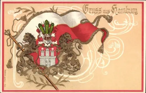 Präge Wappen Litho Hamburg, Stadtwappen, Fahne