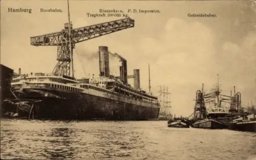 Ak HAPAG Dampfer Hamburg (IV), Passagierschiff, Riesenkran, P. D. Imperator, Tragkraft 200000 kg,