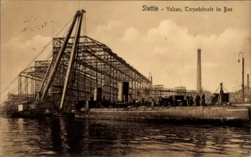 Ak Szczecin Stettin Pommern, Vulcan, Werft, Torpedoboote im Bau