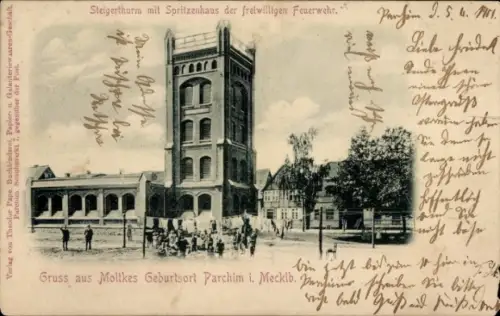 Ak Parchim in Mecklenburg, Steigerturm, Spritzenhaus der freiwilligen Feuerwehr