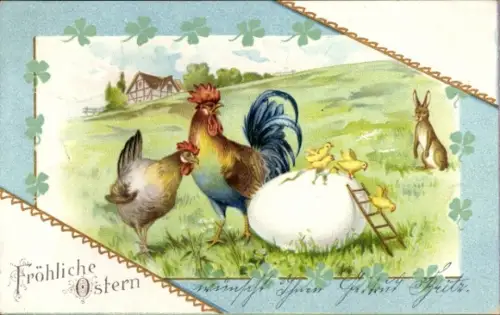 Ak Frohe Ostern, Hahn, Henne und Küken mit Osterhase und Ei