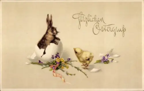 Litho Glückwunsch Ostern, Hase in der Eierschale, Küken