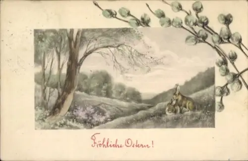 Ak Frohe Ostern, Landschaftsmotiv mit zwei Hasen, Weidenkätzchen