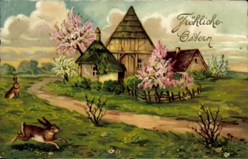 Litho Glückwunsch Ostern, Dorfidyll, Hasen