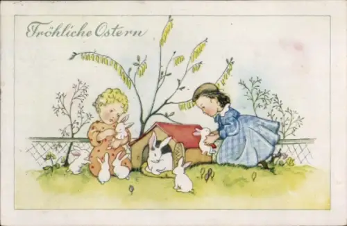 Ak Frohe Ostern, zwei Mädchen, Hasenstall, junge Hasen
