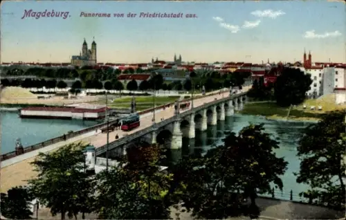 Ak Magdeburg in Sachsen Anhalt, Panorama von der Friedrichstadt aus, Brücke
