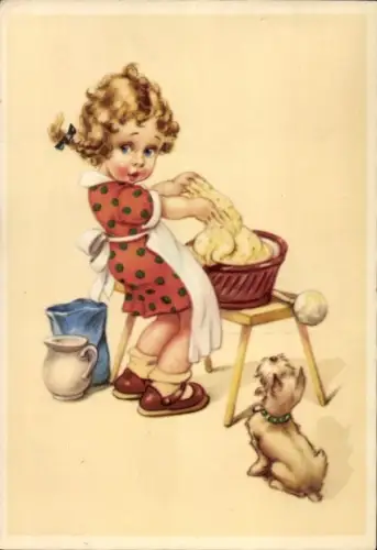 Ak Mädchen beim Waschen, Kleidung, Wäsche, Hund