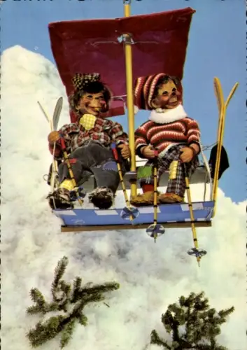 Ak Zwei Skifahrer sitzen in einem Sessellift, Igel Mecki