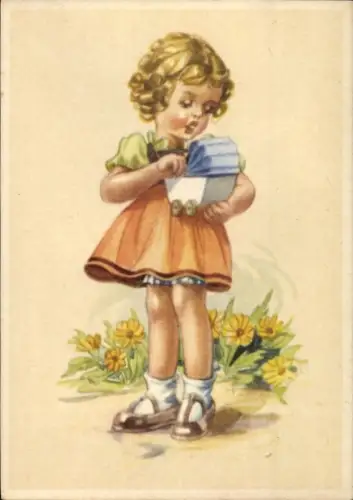 Ak Mädchen mit kleinem Puppenwagen, Porträt