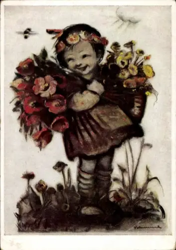 Künstler Ak Hummel, Berta, Mädchen mit Blumensträußen, Hummeln