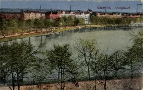Ak Chemnitz in Sachsen, Chemnitz Schloßteich, Park am Wasser, schöne Aussicht, Bäume,  Architektu