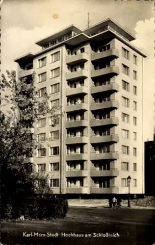 Ak Karl Marx Stadt Chemnitz in Sachsen, Hochhaus am Schlossteich