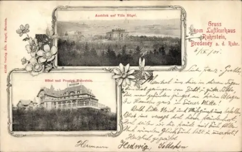Ak Bredeney Essen im Ruhrgebiet, Villa Hügel, Ausblick auf Villa Hügel, Hotel Ruhrstein, Blumen