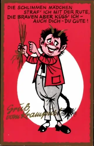 Künstler Ak Krampus, Die schlimmen Mädchen straf ich mit der Rute, die Braven aber küss ich