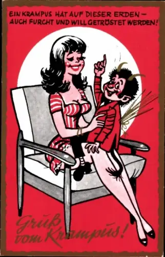 Künstler Ak Krampus auf dem Schoß einer Brünetten im kurzen Kleid, Beine, Busen