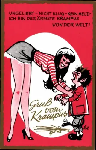 Künstler Ak Krampus, Ungeliebt, nicht klug, kein Held, Brünette im Minirock, Beine, Busen