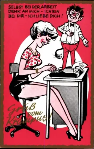 Ak Krampus, Selbst bei der Arbeit denk an mich, Schreibmaschine, Frauenbeine