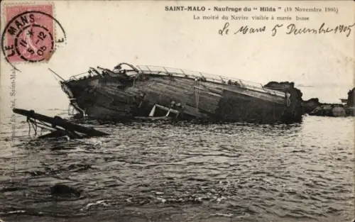 CPA Saint Malo, Naufrage du Hilda, 19 Novembre 1905, La moitié du Navire visible à marée basse
