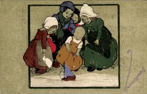 Steindruck Ak Kinder mit Spielzeugboot am Wasser, Munk Nr 873