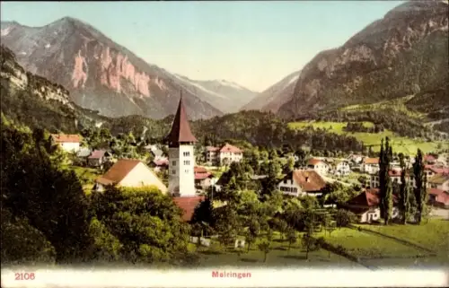Ak Meiringen Kanton Bern, Gorge de l'Aare, Aareschlucht, Berglandschaft, Kirche mit spitzem Turm,