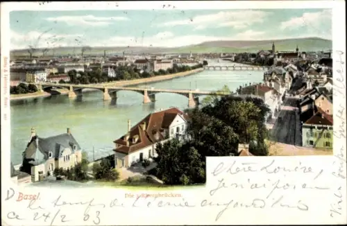 Ak Basel Bâle Stadt Schweiz, Panoramablick auf  Rheinbrücken, Flusslandschaft, 