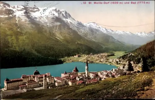 Ak St Moritz Dorf Graubünden, Ort mit See, Gebirge