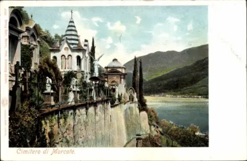 Ak Morcote Lago di Lugano Kanton Tessin, Cimitero di  Friedhof, Landschaft, Berge, Wasser