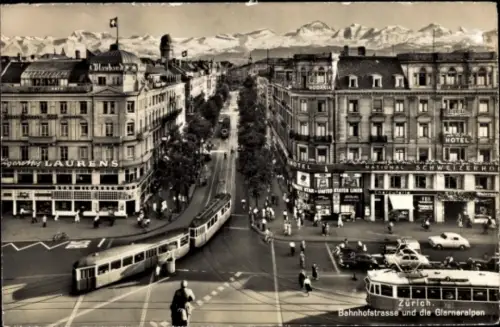 Ak Zürich Stadt Schweiz,  Bahnhofstrasse, Glarneralpen, Tram, Nationalhotel