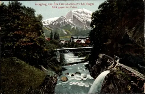 Ak Bad Ragaz Kanton St. Gallen, Berglandschaft, Taminaschlucht, Fluss, Falknis, Brücke