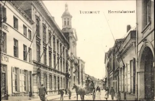 Ak Turnhout Flandern Antwerpen, Straße mit Pferd, Gebäude,  aus  Herentalsstraat